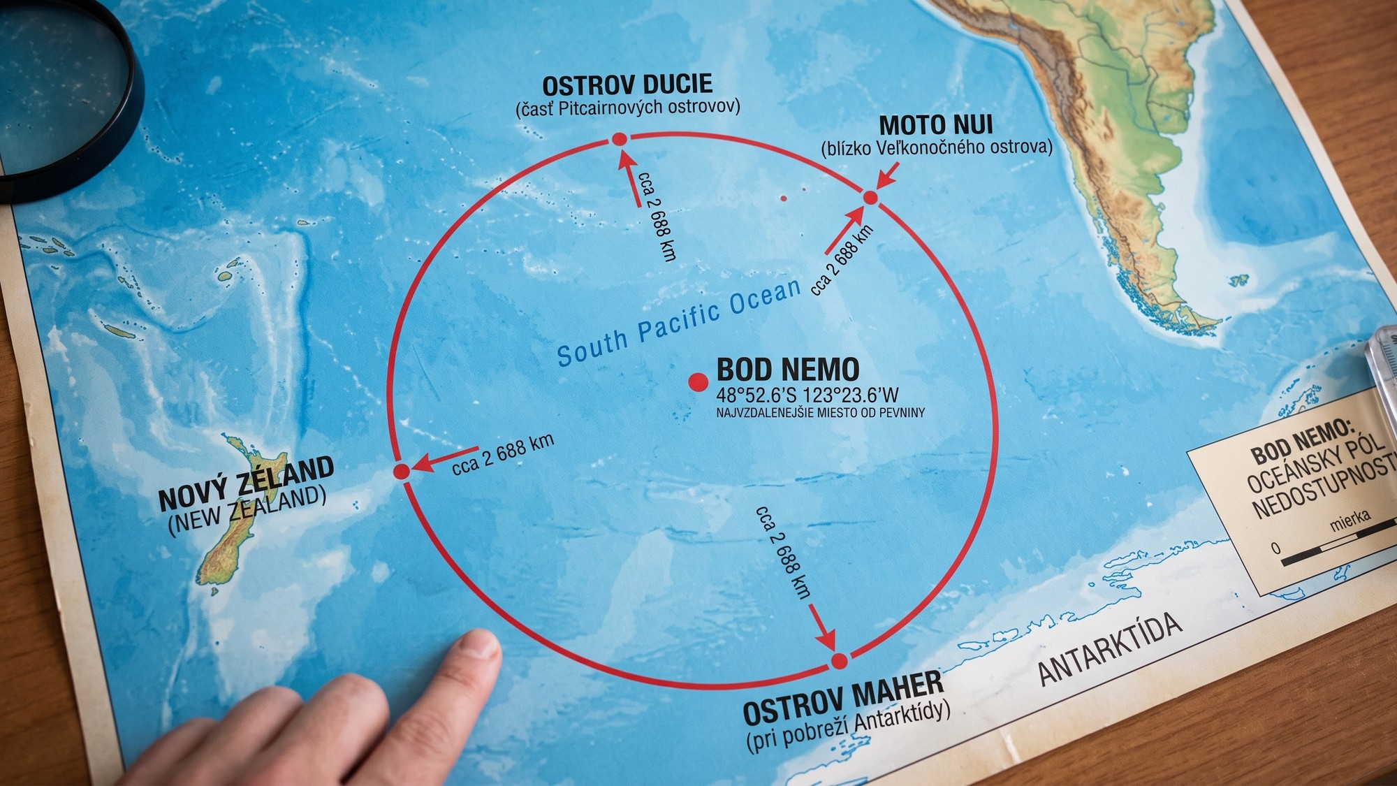 Mapa znázorňujúca bod Nemo v južnom Tichom oceáne, najvzdialenejšie miesto od pevniny. Červený kruh vyznačuje vzdialenosť k najbližším pevninám.