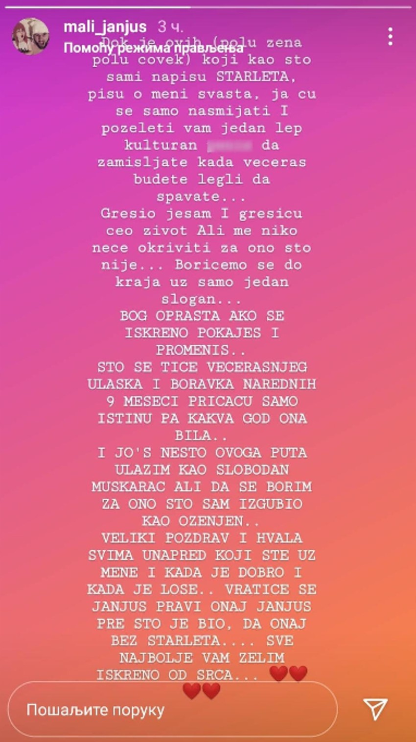 Janjuš, objava na Instagramu