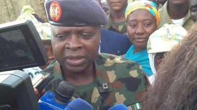 Director-General, National Youths Service Corps (NYSC), Brig.-Gen. Shu’aibu Ibrahim addressing Journalists shortly after Vice President’s condolence visit to Precious Owolabi’s family in Zaria on Saturday (NAN)