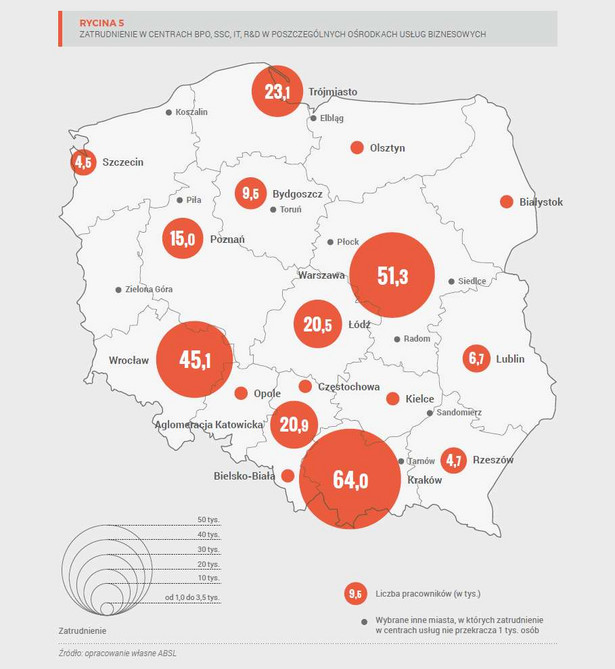 Zatrudnienie w centrach usług 2018 - mapa Polski