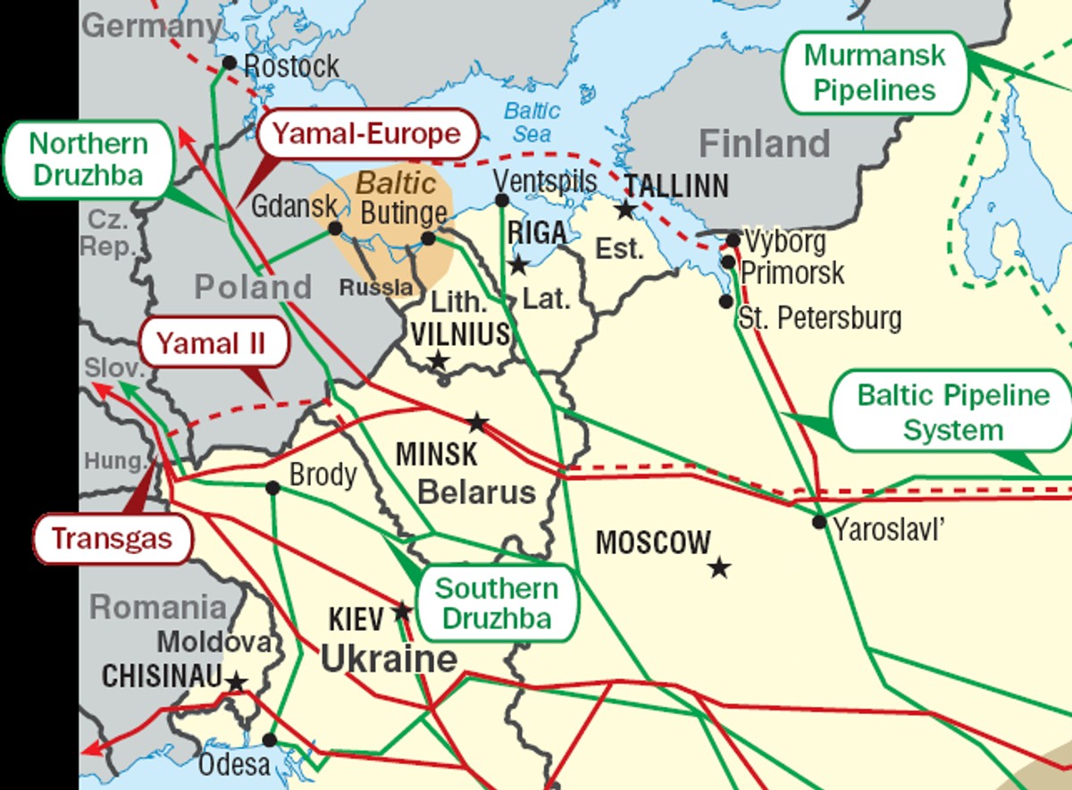 Rurociągi Europy Wschodniej. W lewym dolnym narożniku rurociąg Odessa-Brody, źródło: United States Department of Energy, domen publiczna