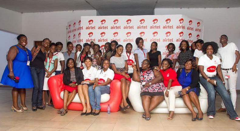 Some ladies of Airtel Ghana in a group photograph with Ms. Efua Addotey after the event.