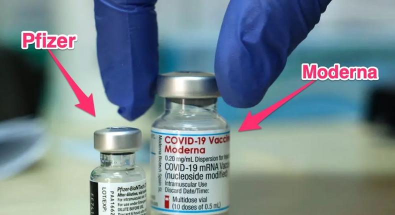 Vials of the Moderna (R) and Pfizer (L) COVID-19 vaccines.