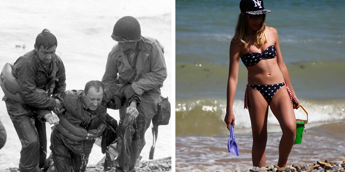 Omaha Beach on June 6, 1944, and August 2013.
