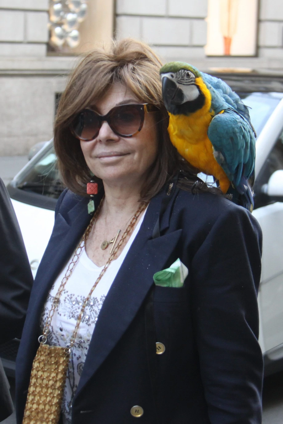 Patrizia Reggiani ze swoją papugą na ulicach Mediolanu, już po opuszczeniu więzienia. Zdjęcie zrobiono w 2014 roku.