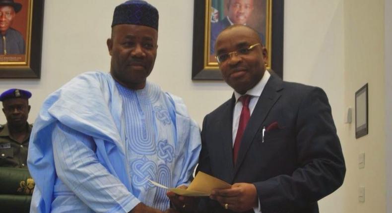 L-R: Fmr. Gov. of Akwa Ibom, Senator Godswill Akpabio; the Current Governor, Mr Udom Emmanuel