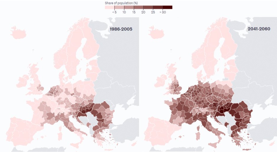 Odsetek populacji osób wrażliwej na pyłki ambrozji w latach 1986-2005 i prognoza na 2041-2060