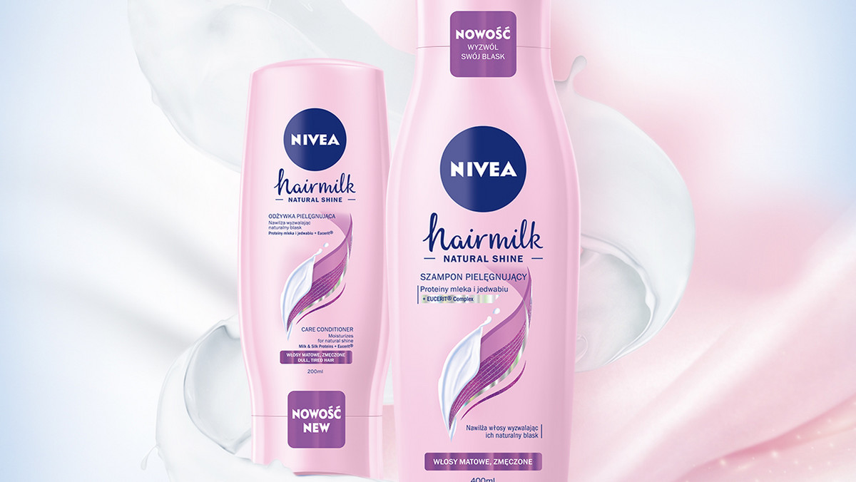 Suche i matowe włosy to już przeszłość. Nowa linia NIVEA Hairmilk Natural Shine z proteinami mleka i jedwabiu intensywnie nawilża matowe, zmęczone włosy, aby odzyskały zdrowy wygląd i wyzwoliły swój naturalny blask.