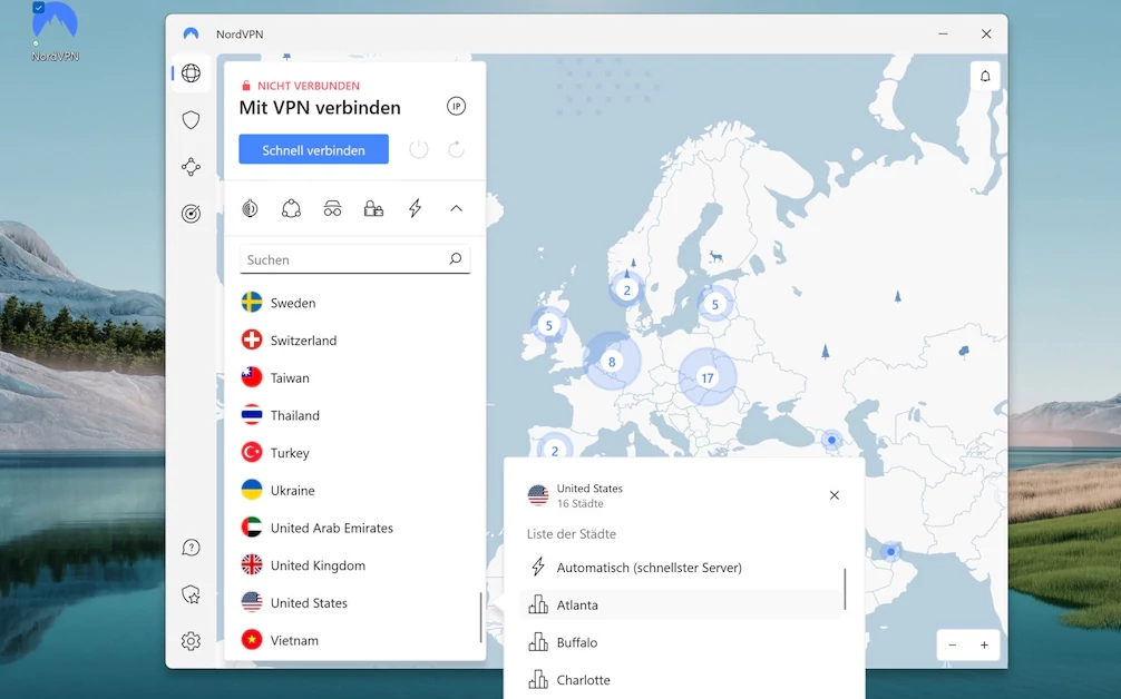 W NordVPN pożądane lokalizacje można wybrać zarówno za pomocą mapy świata, jak i listy wyboru.