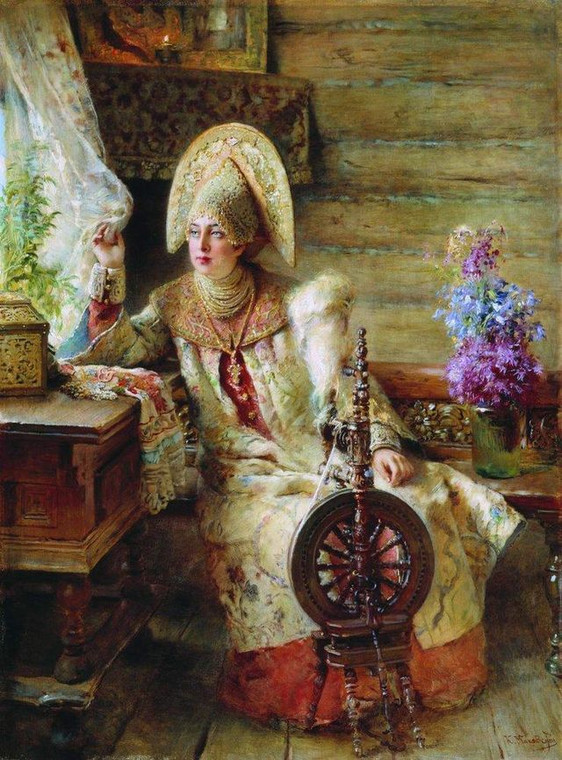 Żona bojara przy kołowrotku. Tak wyobrażał ją sobie XIX-wieczny malarz Konstantin Makowski 
