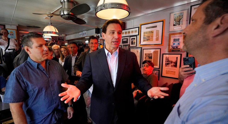 Gov. Ron DeSantis of Florida speaks with patrons at the Red Arrow Diner in Manchester, New Hampshire, on May 19, 2023.AP Photo/Robert F. Bukaty