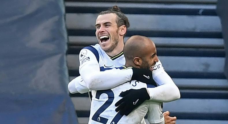 Tottenham forward Gareth Bale (L) celebrates during the win against Burnley