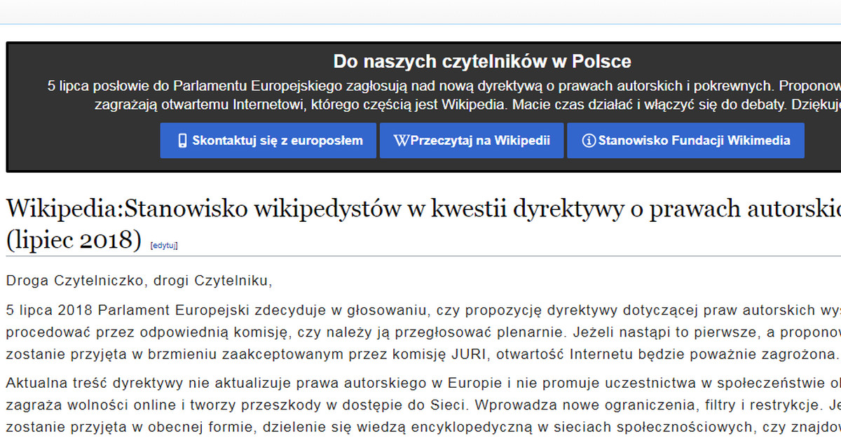 Polska Wikipedia zniknęła na 24 godziny. To protest przeciw dyrektywie o  prawie autorskim