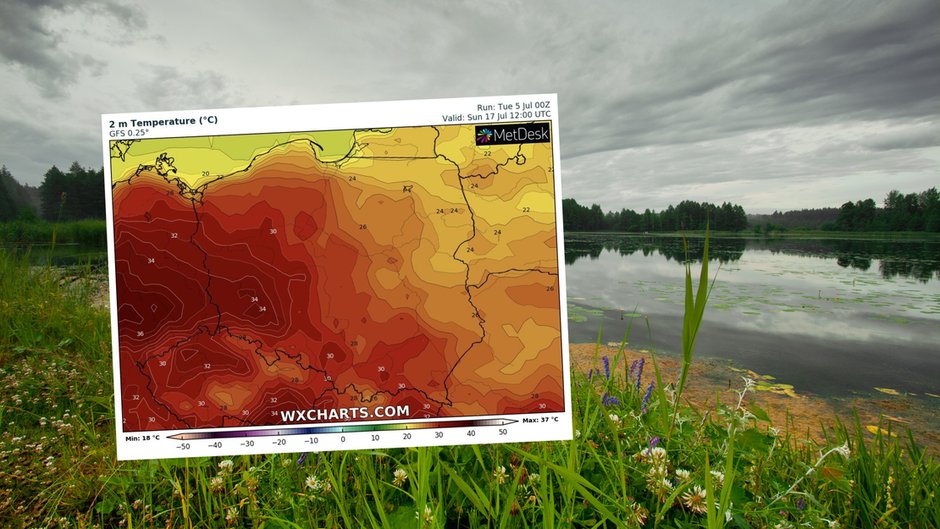 W połowie lipca możliwy jest powrót słonecznego i bardzo ciepłego lata (mapa: wxcharts.com)