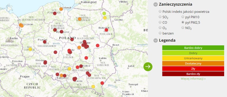 Stężenie pyłu PM2,5 - stan 2017-02-16 od godziny 08:00 do 09:00