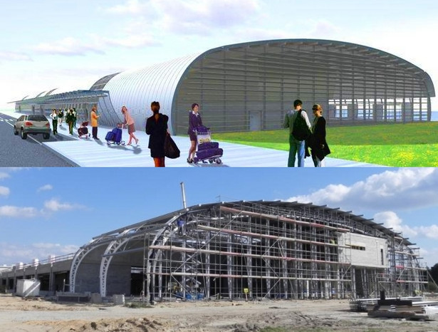 Porównanie obecnego stanu budowy (wrzesień 2011) z wizualizacją obrazującą docelowy wygląd terminalu w Modlinie. Fot. materiały Mazowieckiego Portu Lotniczego Warszawa-Modlin