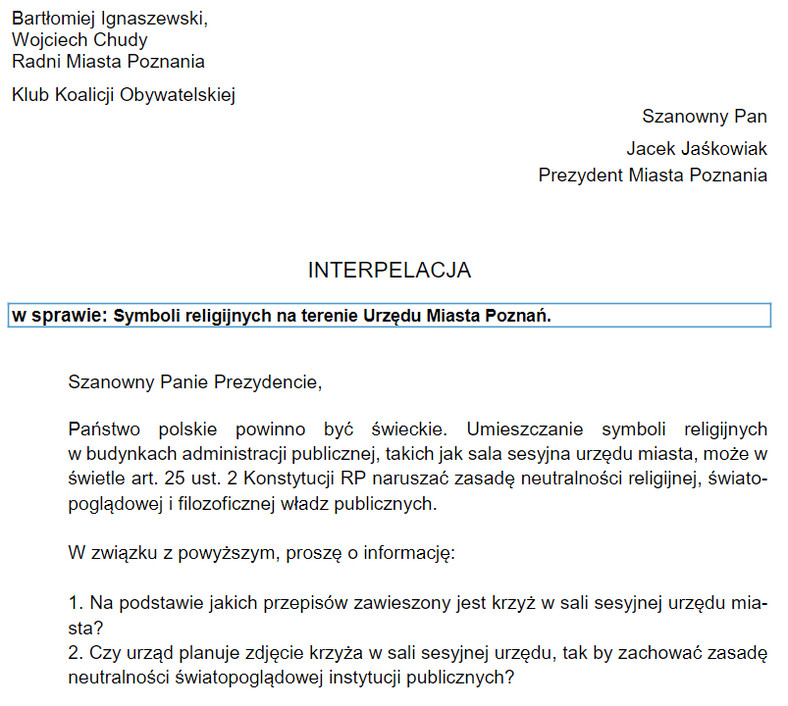 Radni pytają prezydenta Poznania o krzyż w sali sesyjnej