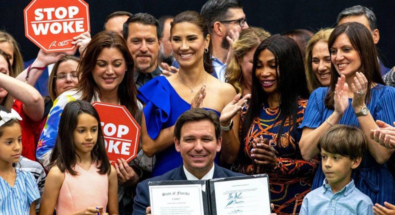 Florida Gov. Ron DeSantis reacts after signing HB 7, the Stop WOKE bill, at Mater Academy Charter Middle/High School in Hialeah Gardens, Florida, on Friday, April 22, 2022.Daniel A. Varela/Miami Herald/Tribune News Service via Getty Images