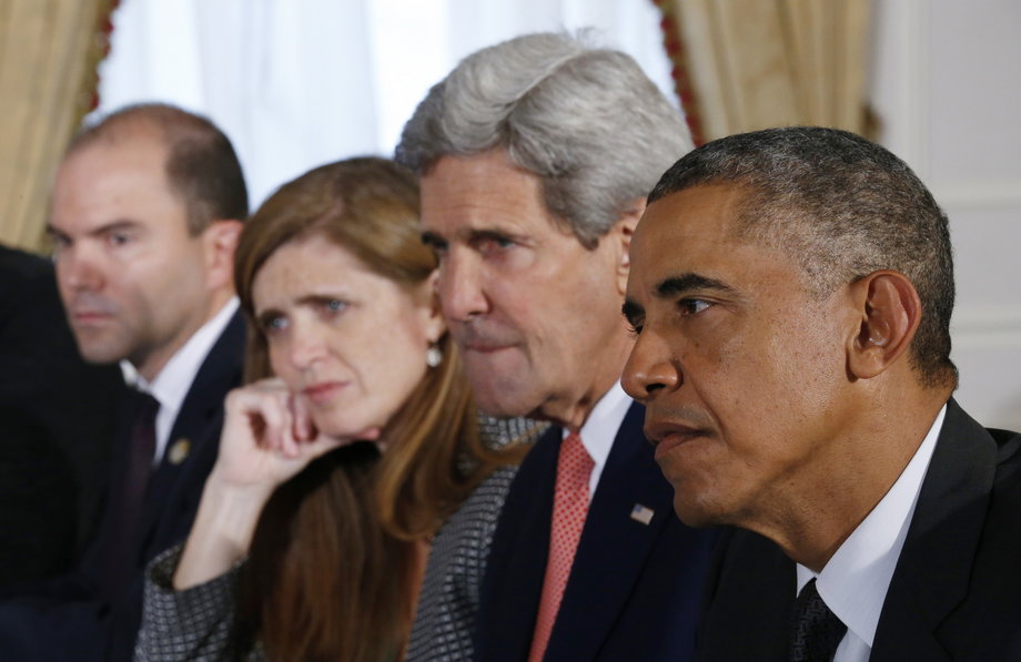 Obama with Rhodes, U.S. Ambassador to the U.N. Samantha Power and Secretary of State John Kerry in New York on September 25, 2014.