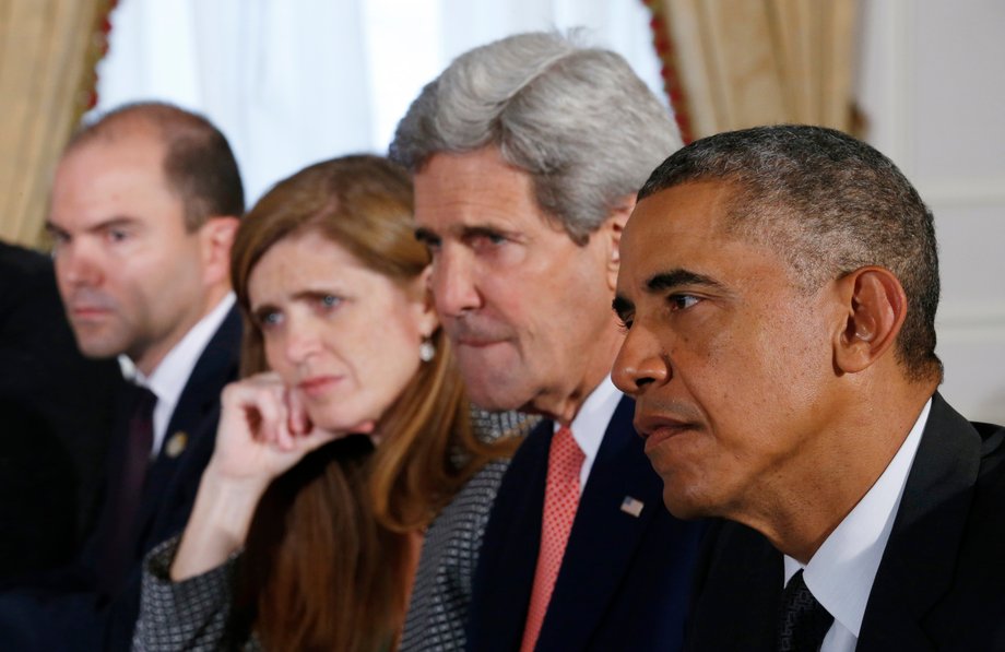 Obama with Kerry, US Ambassador to the UN Samantha Power, and Deputy National Security Adviser Benjamin Rhodes on September 25, 2014.