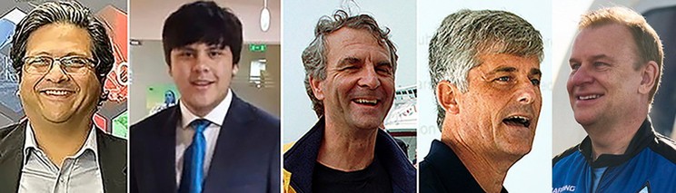 Kombókép a Titan búvárhajó utasairól (balról-jobbra): Shahzada Dawood pakisztáni-brit üzeltember és 19 éves fia, Suleman Dawood, Paul-Henri Nargeolet kapitány, a francia haditengerészet veteránja, Stockton Rush, az OceanGate vezérigazgatója és Hamish Harding brit milliárdos / Fotó: MTI/AP