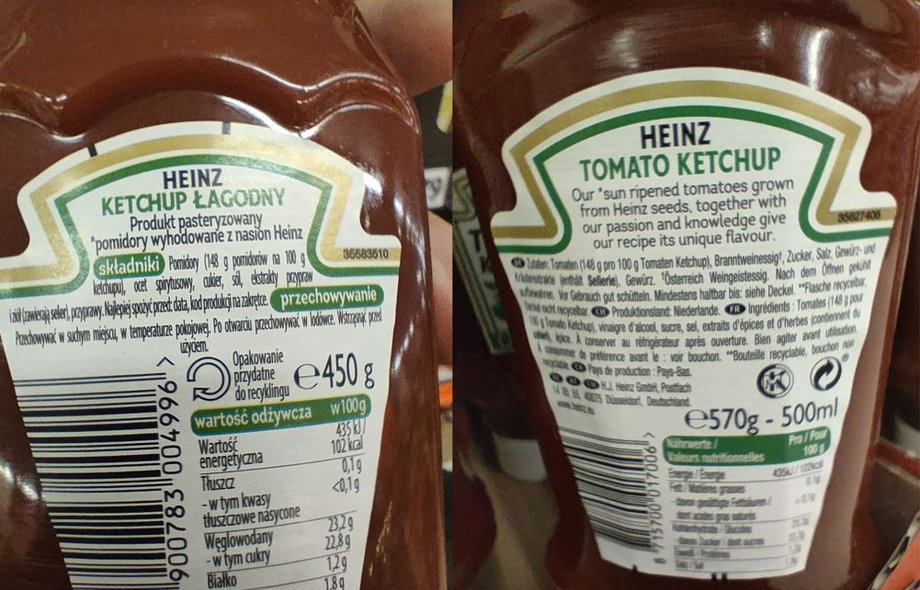 Polski ketchup ma taki sam skład, jak ten niemiecki. Choć rozmiary butelek się różnią