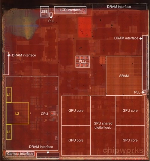 Procesor Apple A7 z iPhone'a 5s. Chipworks.