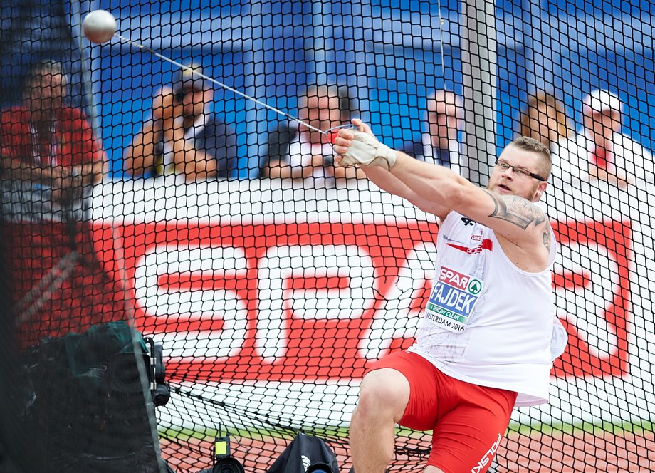 Polak Paweł Fajdek podczas finału konkursu rzutu młotem, w trakcie ostatniego dnia lekkoatletycznych Mistrzostw Europy w Amsterdamie