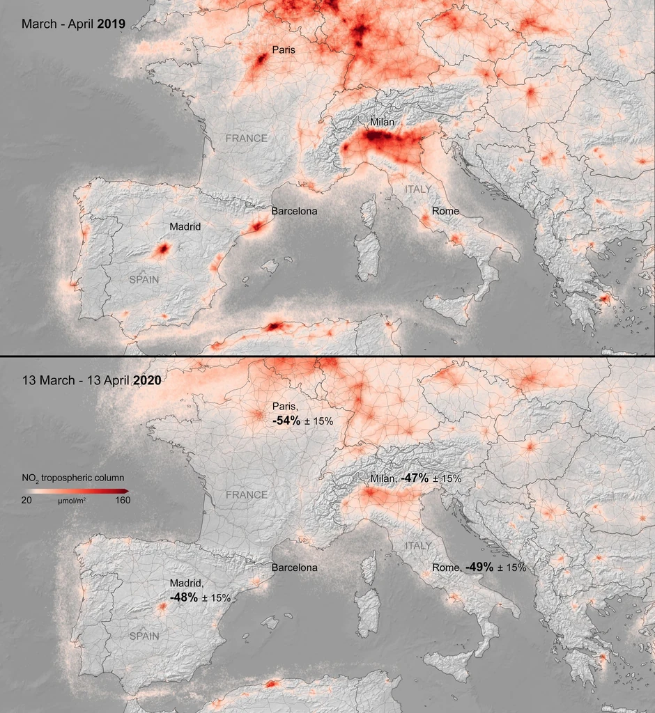 Zbog karantina je nivo zagađenja opao - nivoi azot-dioksida iznad Evrope od 13. marta-12. aprila (dole), u poređenju sa zagađenjem iz istog perioda prošle godine (objavljeno 18. aprila)