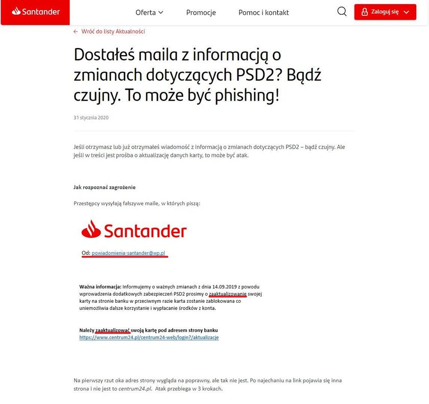 Ostrzeżenie banku Santander