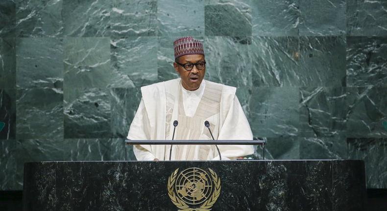 Nigeria's President Muhammadu Buhari addresses attendees during the 70th session of the United Nations General Assembly at the U.N. headquarters in New York, September 28, 2015. REUTERS/Eduardo Munoz