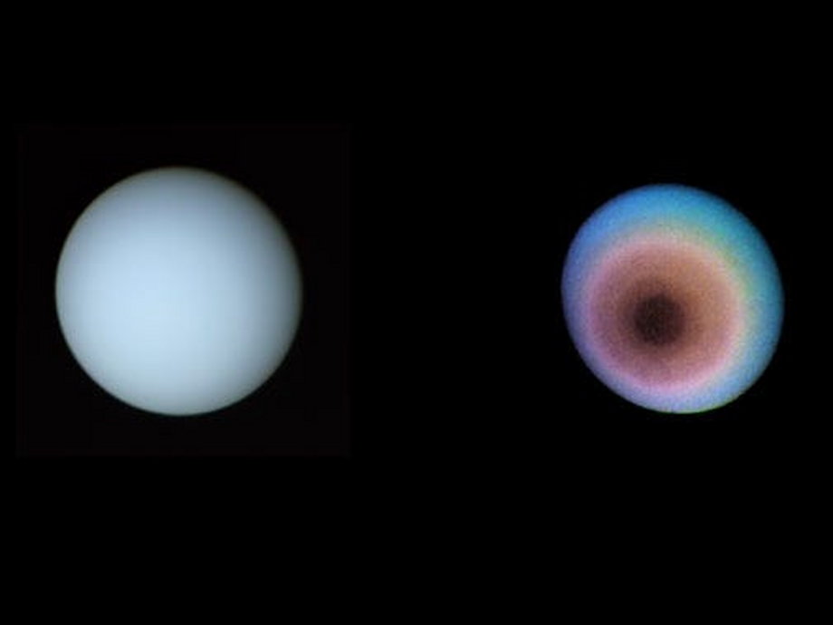 Voyager 2 took this shot of Neptune in 1986, in true (left) and false (right) colors