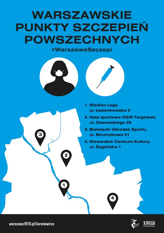 Lokalizacje czterech warszawskich punktów szczepień powszechnych