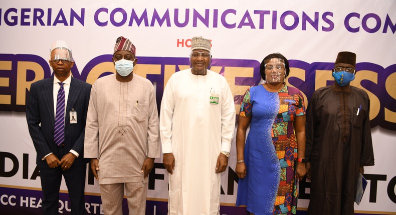 L-R: Dr. Ikechukwu Adinde, Director, Public Affairs, Nigerian Communications Commission (NCC); Adeleke Adewolu, Executive Commissioner, Stakeholder Management, NCC; Prof. Umar Danbatta, Executive Vice Chairman, NCC; Abigail Sholanke, Director, Projects, NCC and  Editor, AIT, Adebayo Bodunrin, during the interactive media chat with the EVC of NCC.