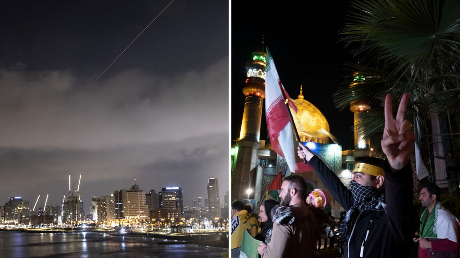 Po lewej: Tel Awiw w trakcie irańskiego ataku, po prawej: Irańczycy świętują atak na Izrael