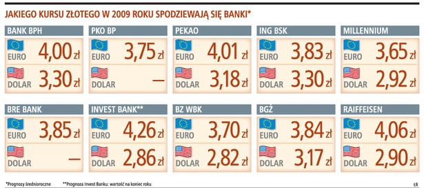 Jakiego kursu złotego w 2009 roku spodziewają się banki