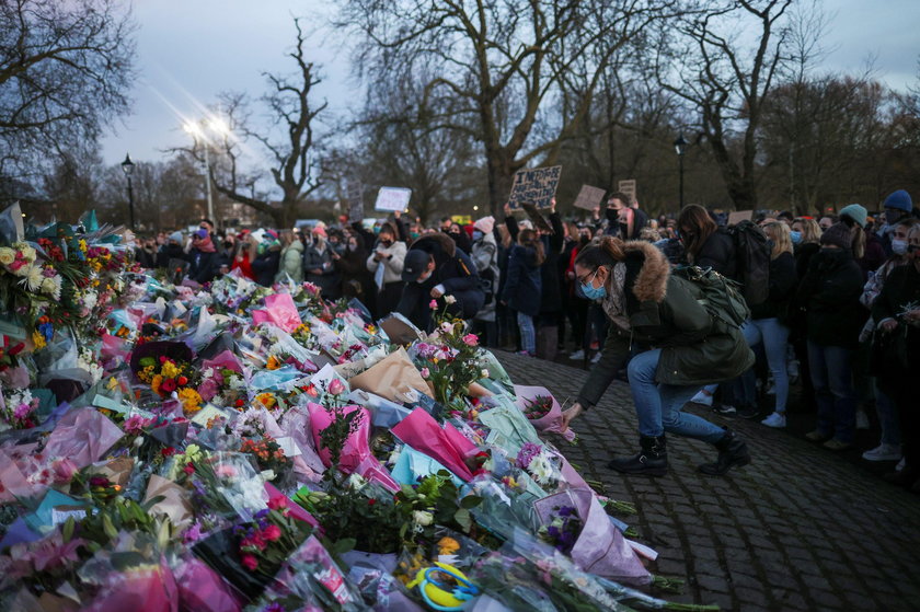 Memorial site at the Clapham Common Bandstand, following the kidnap and murder of Sarah Everard in L