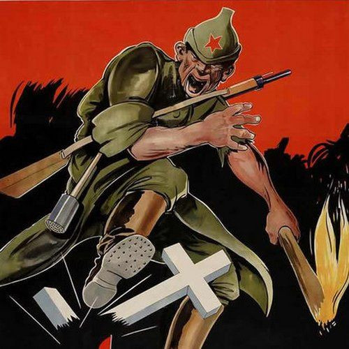 Bolszewik na niemieckim plakacie propagandowym z 1943 r. Czego nie zniszczy to ukradnie.