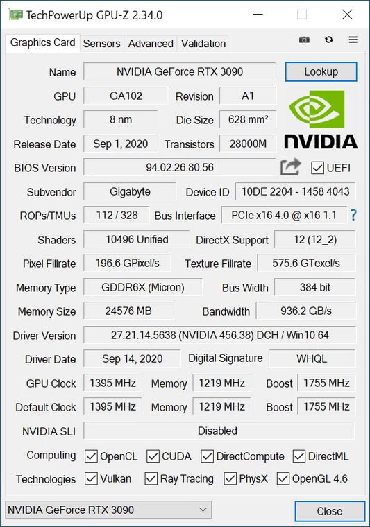 Gigabyte GeForce RTX 3090 GAMING OC 24G – podstawowe parametry karty; taktowanie GPU jest domyślne podniesione