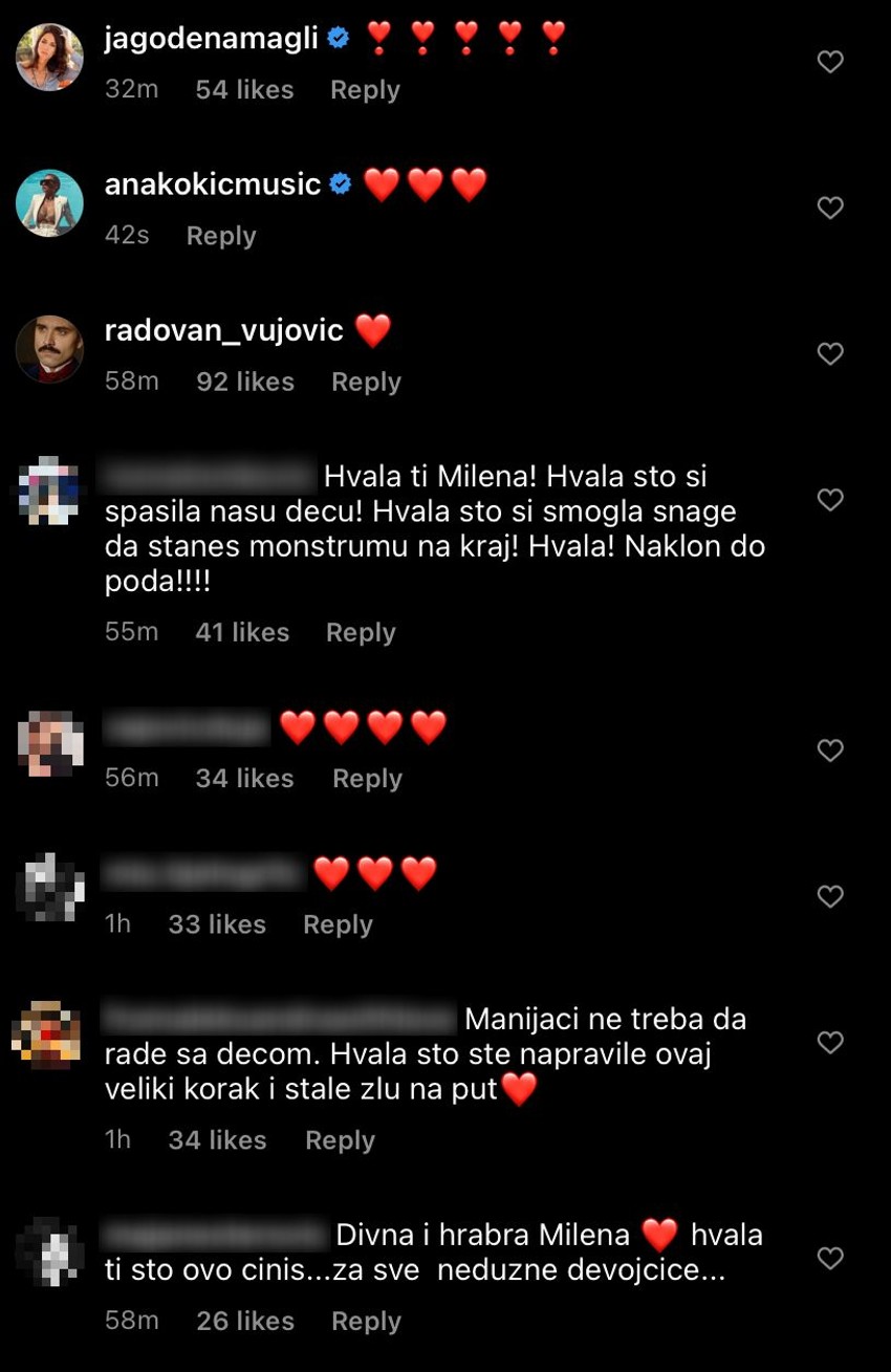 Komentari ispod Milenine objave na Instagramu