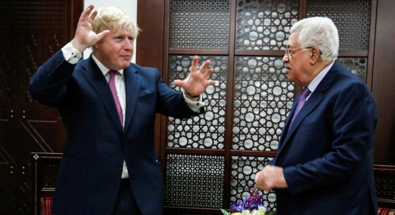 British Foreign Secretary Boris Johnson meets with Palestinian president Mahmoud Abbas in the West Bank city of Ramallah, on March 8, 2017