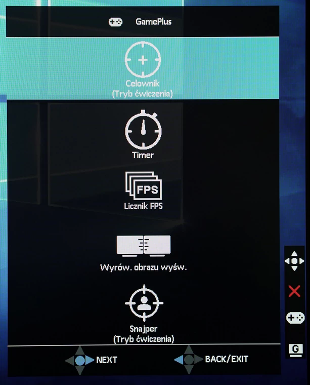 Opcje dla graczy w menu ekranowym testowanego monitora