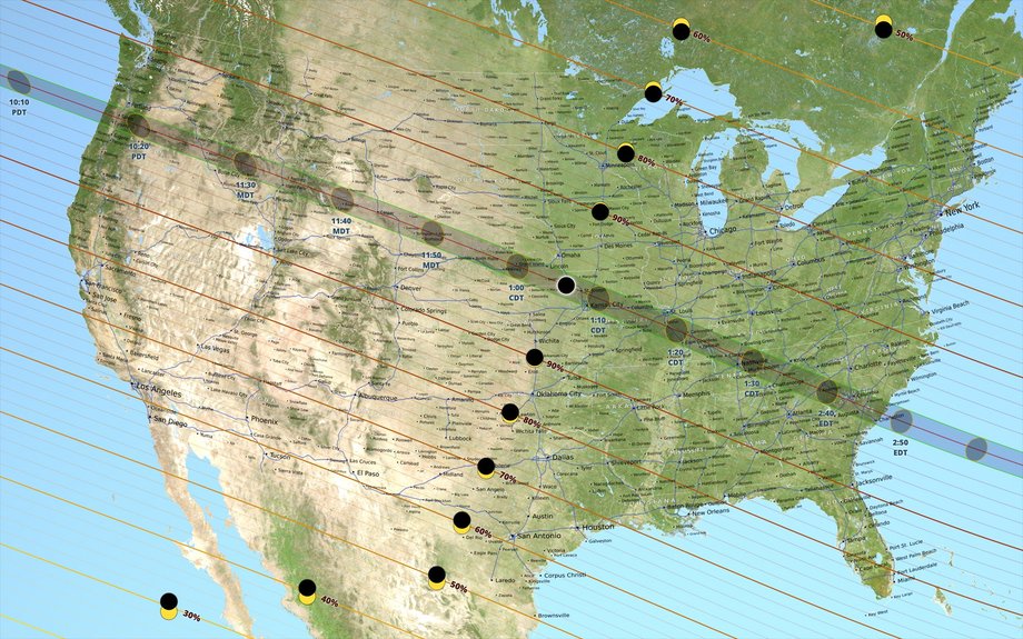 Mapa Stanów Zjednoczonych i trasa całkowitego zaćmienia