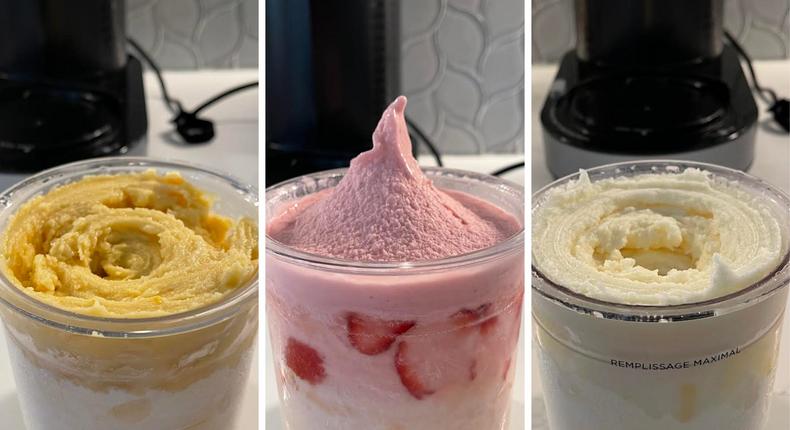 Insider's reporter tried three viral Ninja Creami sorbet recipes: peach, strawberry-pineapple, and plain pineapple.Clay Walker/Insider