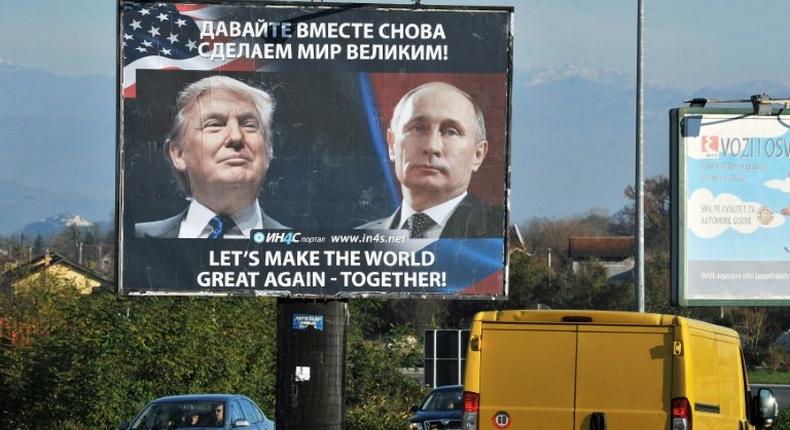 A billboard showing US President-elect Donald Trump and Russian President Vladimir Putin put up by the pro-Serbian movement in Danilovgrad, Montenegro