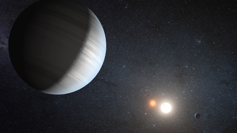 Wizja artystyczna układu planetarnego Kepler 47, składającego się z gwiazdy podwójnej