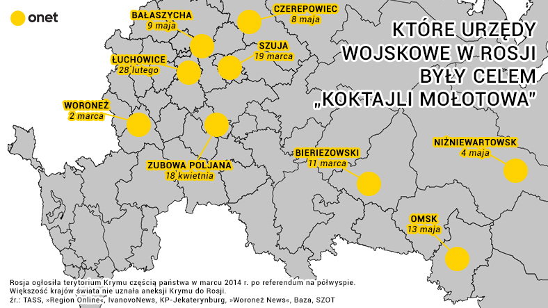 W tych miastach w ostatnich miesiącach komisje wojskowe w Rosji zostały trafione koktajlami Mołotowa