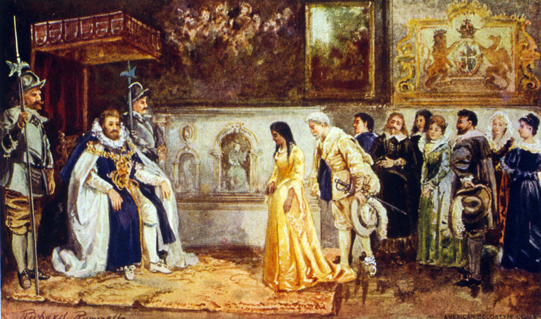 Pocahontas i John Rolfe na dworze Jakuba I Stuarta