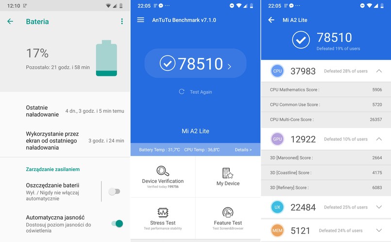 Xiaomi Mi A2 Lite - AnTuTu Benchmark, czas pracy na baterii