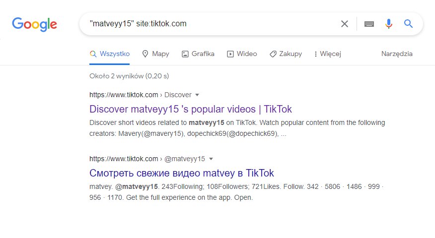 Zrzut ekranu przedstawiający wyniki zapytania “matveyy15” site:tiktok.com w Google